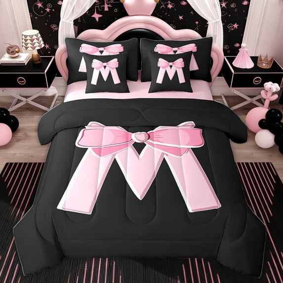Erosebridal Initial Letter M Bedding Full Size, Black Pink Bedding Sets Full Size, Kawaii Girls Bow-tie Reversible Bed Set, 7 Pieces