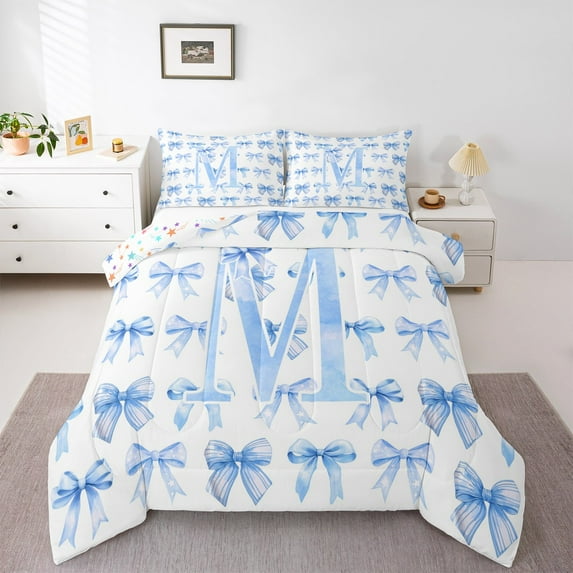 Erosebridal Initial Letter M Bedding Sets King with Comforter,Bowtie Pattern Duvet Insert,White Blue Comforter Sets King Size For Girls,Breathable Bedroom Decoration Reversible,3pcs