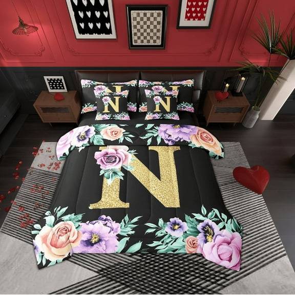 Erosebridal Initial Letter N Bed in a Bag, Gold Bed Set, Kawaii Floral Reversible Comforter Sets, Ultra Soft Room Decoration, 7 Pieces