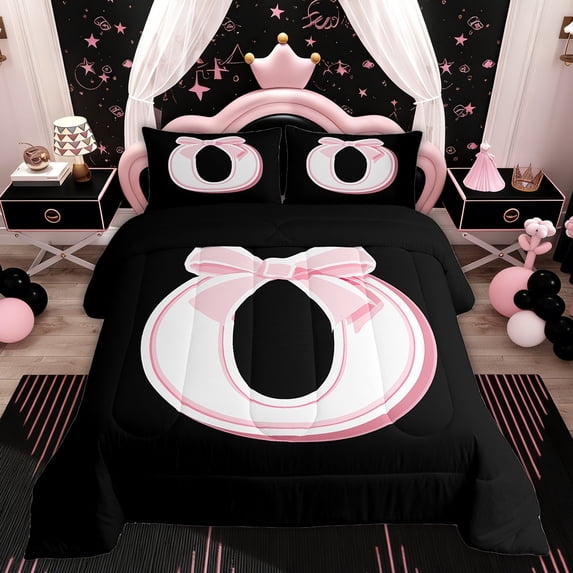 Erosebridal Initial Letter O Bedding Sets Twin with Comforter, Black Pink Duvet Insert, Kawaii Bow-tie Reversible Comforter Sets Twin Size, Lightweight Room Decorative, 2pcs