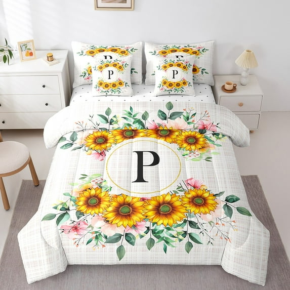 Erosebridal Initial Letter P Bed in a Bag King size, Vintage Sunflower Bed Set, Rustic Floral Bedding King Size, Breathable Bedroom Decorative, 7pcs