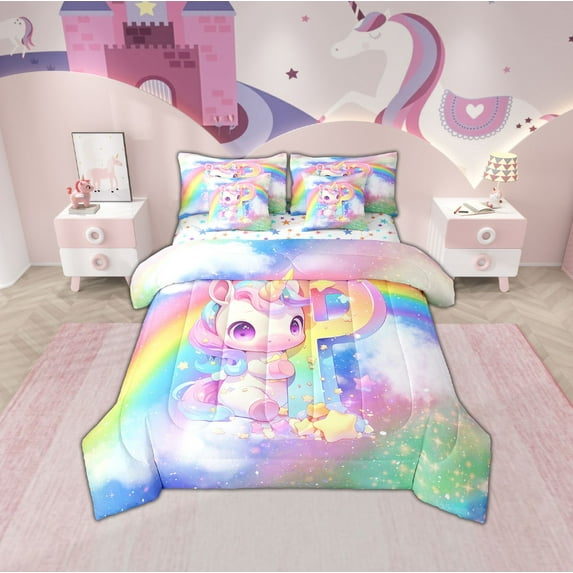 Erosebridal Initial Letter P Bedding Sets Queen Size, Rainbow Unicorn Comforter Sets with Sheets, Monogrammed Reversible Bedding Queen Size, Super Cozy Room Decoration, 7-Piece
