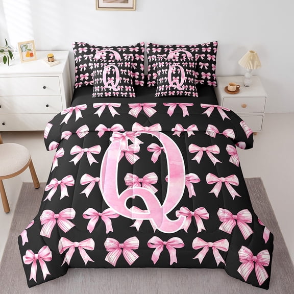 Erosebridal Initial Letter Q Bed in a Bag Twin Size,Bowtie Pattern Bed Set,Black Pink Bedding Twin Size For Girls,Breathable Bedroom Decoration Reversible,7 Pieces