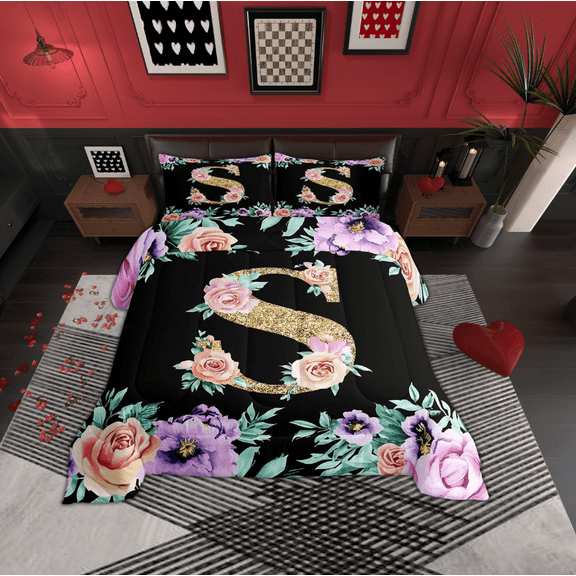 Erosebridal Initial Letter S Bedding Twin Comforter Set, Floral Flower Down Comforter, Monogrammed Reversible Comforters & Duvets, Ultra Soft Bedroom Decoration, 2pcs