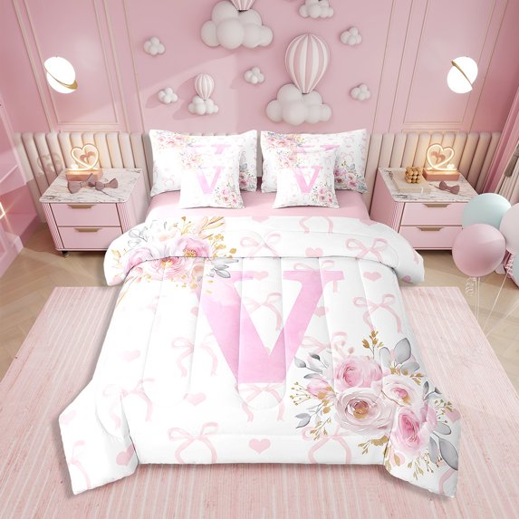 Erosebridal Initial Letter V Bedding Sets King Size, Romantic Rose Bedding Accessories, Girly Fairy Decor, Reversible 7-Piece
