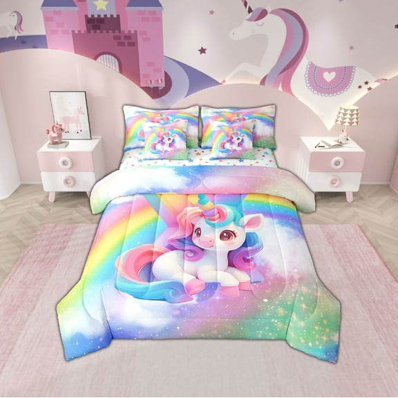 Erosebridal Initial Letter X Bedding Sets Twin Size, Rainbow Unicorn Comforter Sets with Sheets, Monogrammed Reversible Bedding Twin Size, Super Cozy Room Decoration, 7pcs