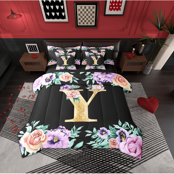 Erosebridal Initial Letter Y Bedding Queen Size, Gold Bed in a Bag Queen size, Kawaii Floral Reversible Bed Set, Ultra Soft Room Decoration, 7 Pieces
