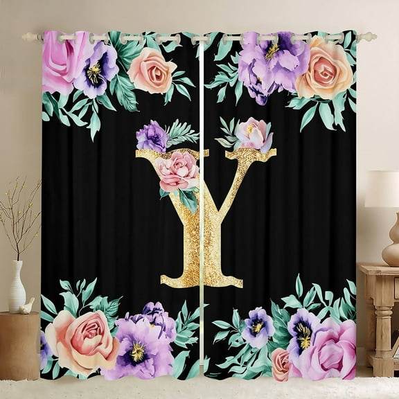 Erosebridal Initial Letter Y Curtains and Drapes (38x54), Gold 30%-50% Blackout Curtains for Bedroom, Kawaii Floral Curtains for Living Room, Window Curtains Room Decoration