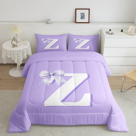 Erosebridal Initial Letter Z Comforter Sets Full Size,Kawaii Bowtie Comforters & Duvets,Purple Bow Bedding Full Comforter Set For Birls,Bedroom Decoration,3-Piece