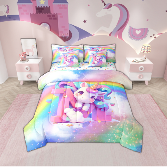 Erosebridal Initial M Letter Bed in a Bag King size, Floral Unicorn Bed Set, Raibow Print Reversible Bedding King Size, Ultra Soft Room Decorative, 7 Pieces