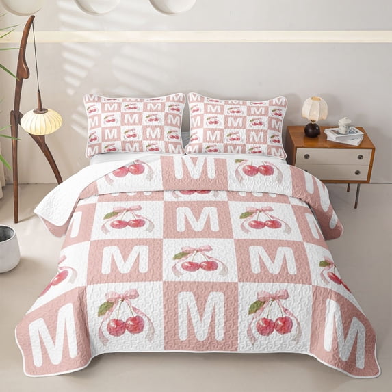 Erosebridal Initial M Letter Quilt King for Girls Boys, Kawaii Bowknot Cherry King Coverlet Set, 3pcs