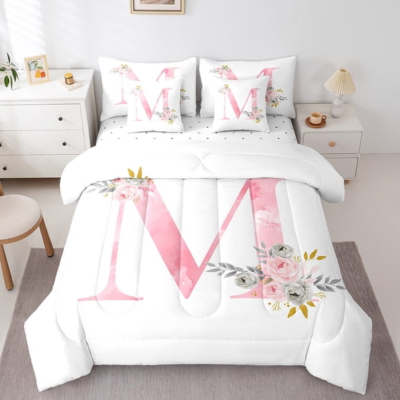 Erosebridal Initial Monogrammed Bedding Sets Twin Size,Pink White Comforter Sets with Sheets,Floral Flower Bed in a Bag Twin size,Super Cozy Alphabet Room Decoration,Reversible,7pcs