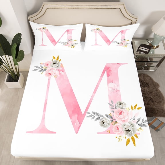 Erosebridal Initial Monogrammed Fitted Sheet Set Twin,Pink White Bedding Twin Size,Floral Flower Fitted Sheet Twin,Super Cozy Alphabet Room Decoration(Fitted Sheet,Pillowcase),2pcs