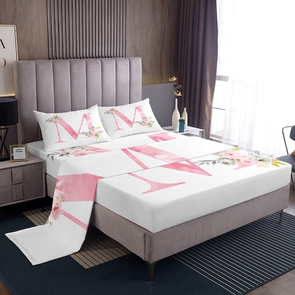 Erosebridal Initial Monogrammed Sheet Set Twin,Pink White Bedding Sets Twin Size,Floral Flower Twin Sheet Sets,Super Cozy Alphabet Room Decoration,3pcs