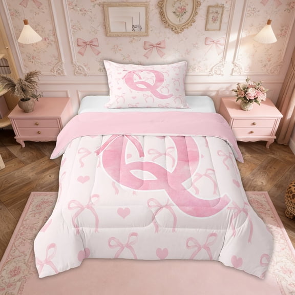 Erosebridal Initial Q Letter Bedding Twin Comforter Set, Cute Bowknot Love Down Comforter, Dreamy Princess Decor, Reversible