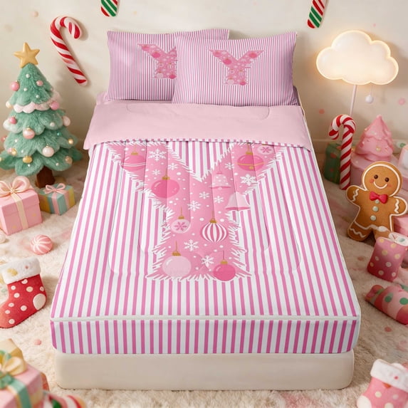 Manfei Initial Queen Comforter Set with Fitted Sheet and 2 Pillowcases, Pink B, Pink Reversible