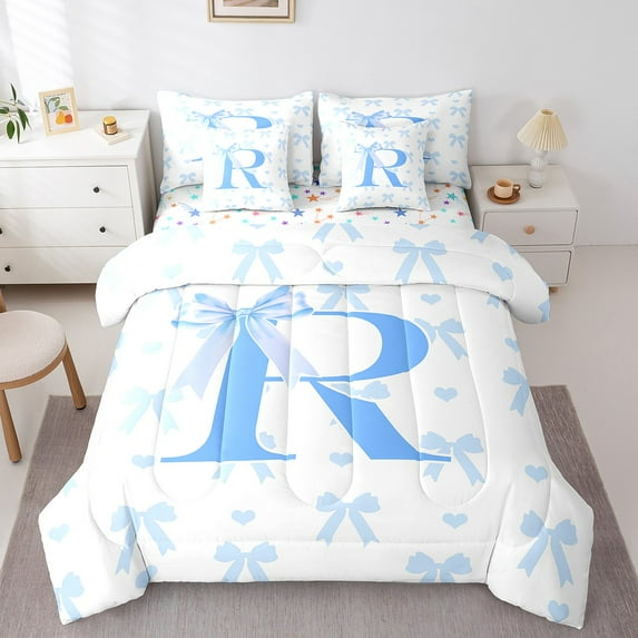 Erosebridal Initial R Letter Bed in a Bag Twin size, Blue Ribbon Bed Set, Chic Monogrammed Reversible Bedding Twin Size, Super Cozy Bedroom Decor, 7pcs