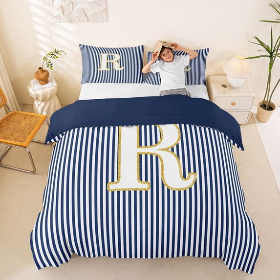 Erosebridal Initial R Letter Kid Duvet Cover Set, Abstract Stripe Bedding Full, 3 Pieces, No Comforter