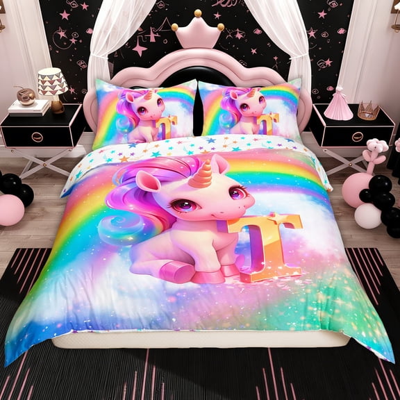 Erosebridal Cute Initial T Letter Duvet Cover Twin, Kids Floral Rainbow Unicorn Bedding Sets Twin Size, 2pcs(No Comforter)