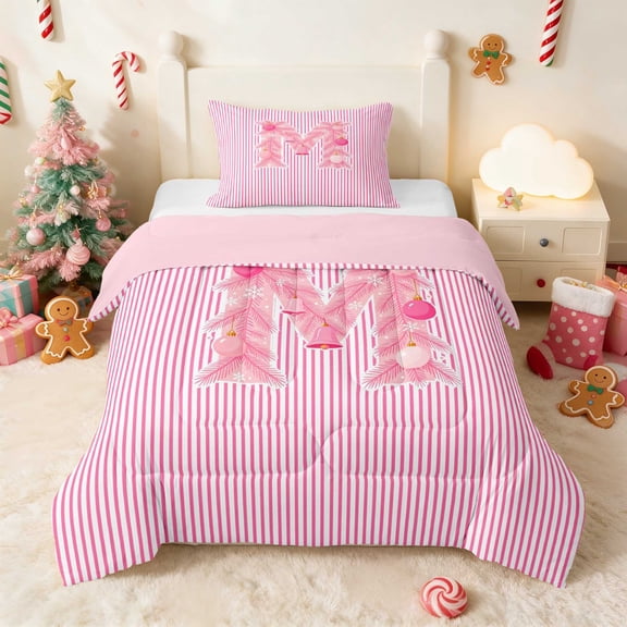 Manfei Initial Twin Comforter Sets Christmas Bedding Set, Pink N 2pcs 1 Comforter and 1 Pillowcase, Pink Reversible