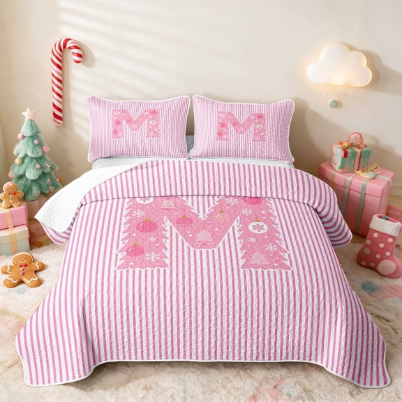 Manfei Initial Twin Quilt Set Christmas Twin Coverlet Set, Pink N 2pcs 1 Bedspread and 1 Pillowcase