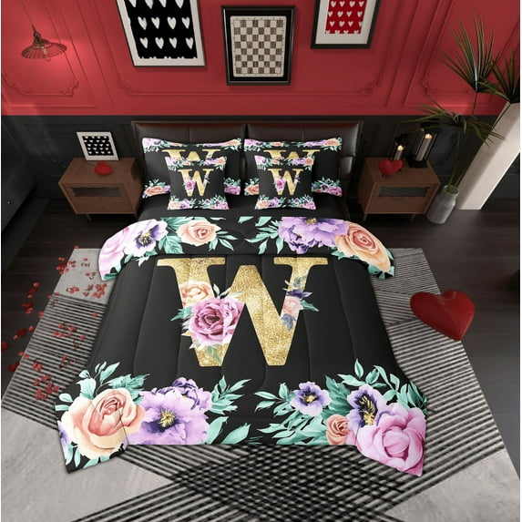 Erosebridal Initial W Letter Bedding Full Size, Princess Rose Bed in a Bag Full size, Gold Monogrammed Reversible Bed Set, Breathable Room Decorative, 7pcs