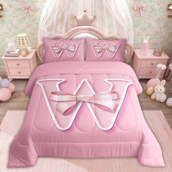Erosebridal Initial W Letter Bedding Sets Twin with Comforter, Princess Bow Duvet Insert, Kawaii Monogrammed Reversible Comforter Sets Twin Size, Microfiber Room Decor, 2-Piece
