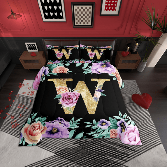 Erosebridal Initial W Letter Comforter Sets Full Size, Princess Rose Comforters & Duvets, Gold Monogrammed Reversible Duvet Insert, Breathable Room Decorative, 3pcs