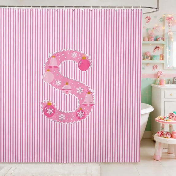 Manfei Initial Waterproof Shower Curtain 72Wx72L Christmas Bathroom Curtain, Pink H