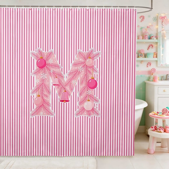 Manfei Initial Waterproof Shower Curtain 72Wx72L Christmas Bathroom Curtain, Pink N
