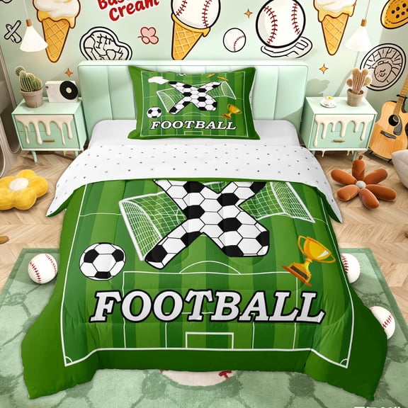 Erosebridal Initial X Kids Twin Comforter Sets, Green Sport Soccer Bedding Set, 2-Piece
