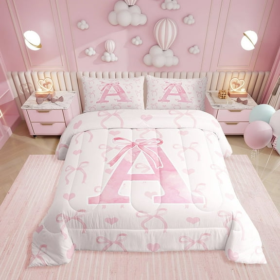 Erosebridal Initial A Letter Comforter Sets Twin Size, Cute Bowknot Comforters & Duvets, Dreamy Princess Decor, Reversible 2pcs
