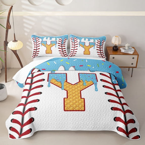 Erosebridal Initial Y Letter Boys Girls Bed Spread Queen, Ice Cream Baseball Queen Coverlet Set, Blue, 3pcs