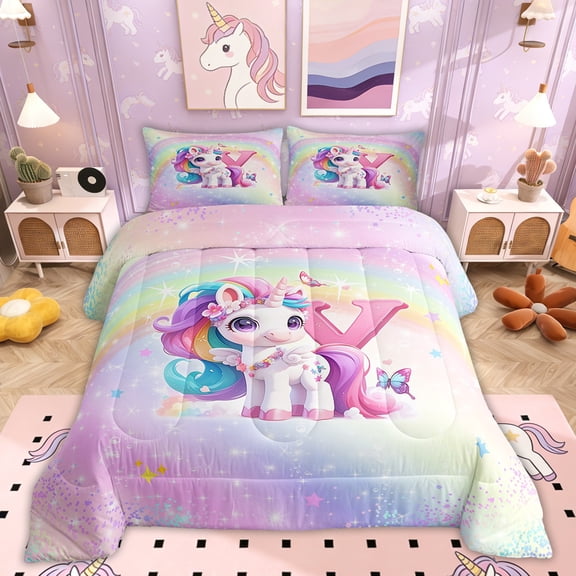 Erosebridal Initial Y Letter Comforter Sets Twin Size, Cute Unicorn Comforters & Duvets, Dreamy Rainbow Decor, Reversible 2 Pieces