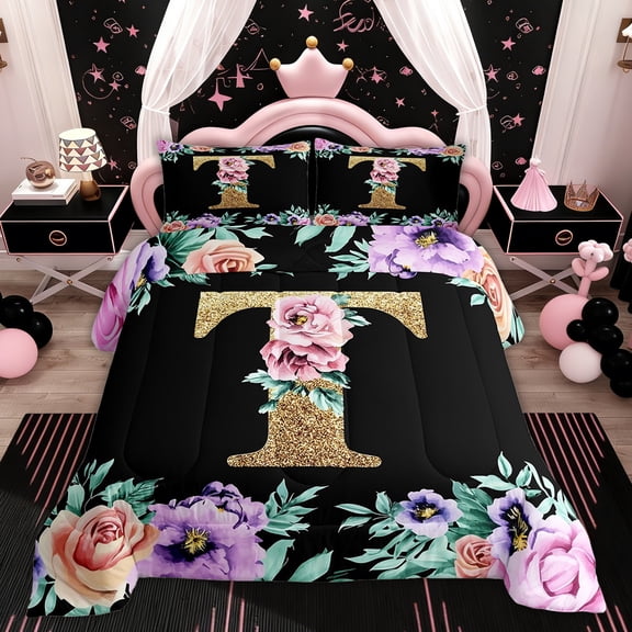 Erosebridal Initial A to Z Letter Bedding Sets Twin with Comforter, Monogrammed T Comforter Sets Twin Size, Retro Flower Reversible Duvet Insert, Super Cozy Room Decoration, 2pcs