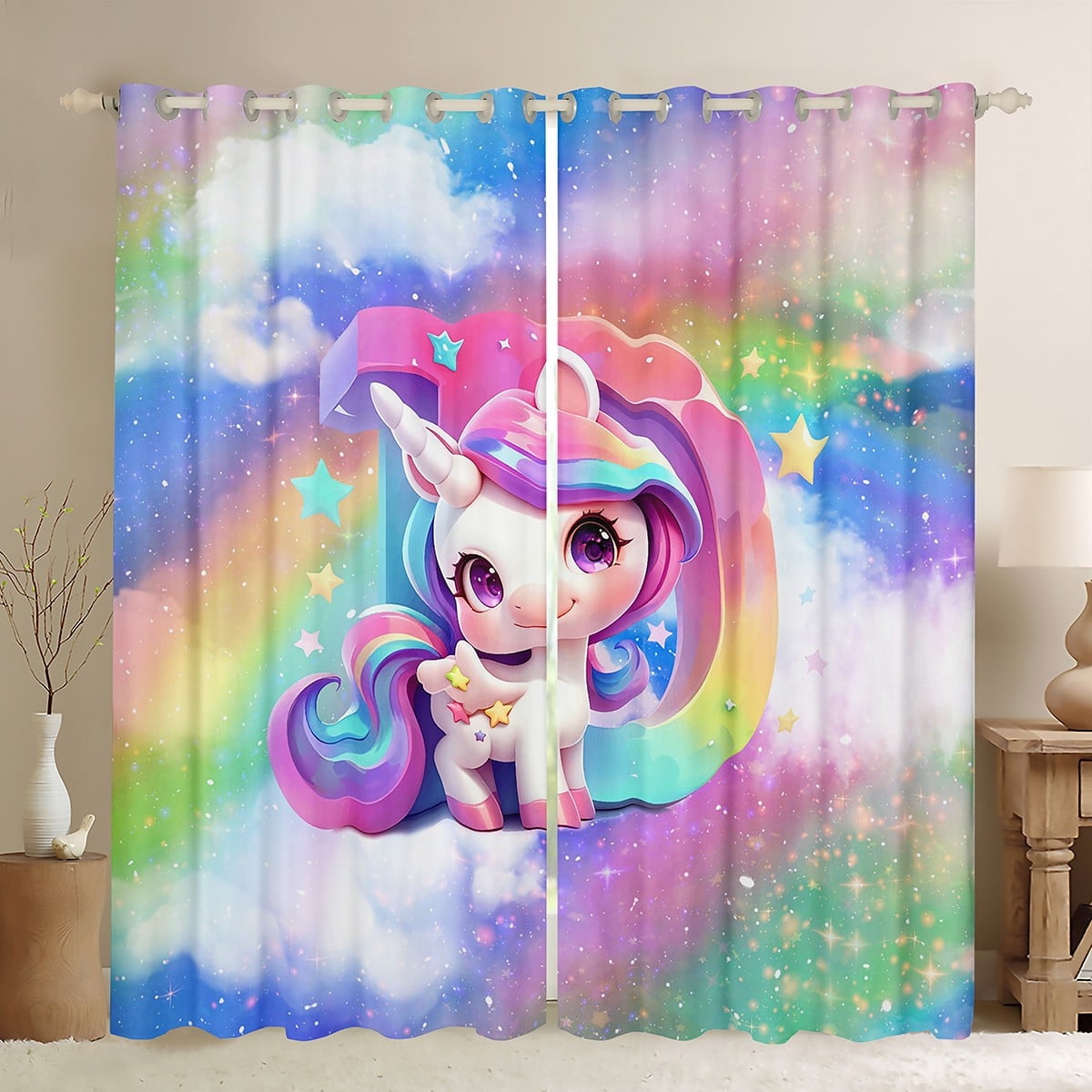 Erosebridal Initial A to Z Letter Curtains and Drapes (38x54), Monogrammed D 30%-50% Blackout Curtains for Bedroom, Unicorn Curtains for Living Room, Window Drapes Bedroom Decor