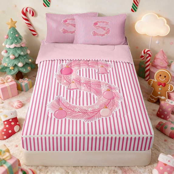 Manfei Initial Zipper Full Size Comforter Sets with Fitted Sheet and 2 Pillowcases Christmas Zipper Bedding Set, Pink H, Pink Reversible