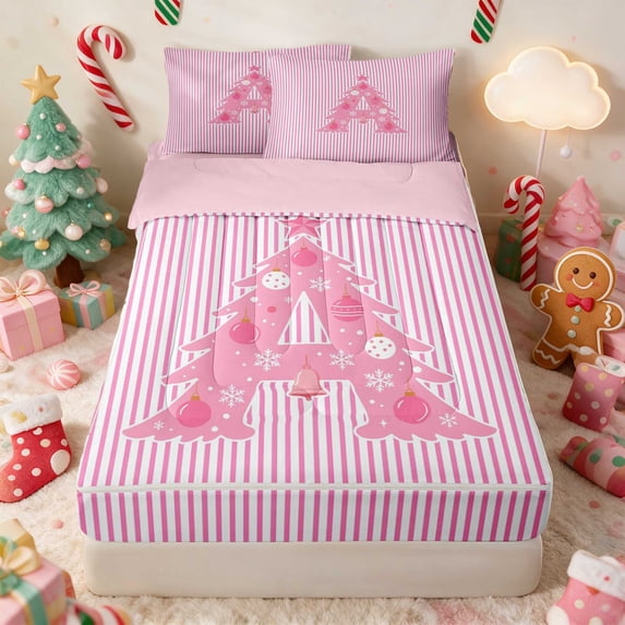 Manfei Initial Zipper Full Size Comforter Sets with Fitted Sheet and 2 Pillowcases Christmas Zipper Bedding Set, Pink Z, Pink Reversible