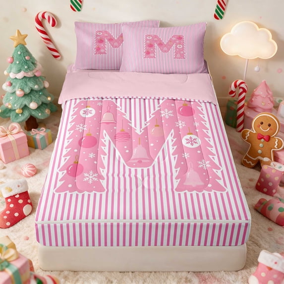 Manfei Initial Zipper Twin Comforter Sets with Fitted Sheet and 2 Pillowcases Christmas Zipper Bedding Set, Pink N, Pink Reversible