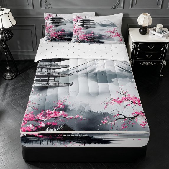 Erosebridal Ink Landscape Zipper Full Size Comforter Sets with Fitted Sheet and 2 Pillowcases,Cherry Blossom Fuji Mountain Print Zipper Bedding Set For Boys,Reversible,4 Pieces