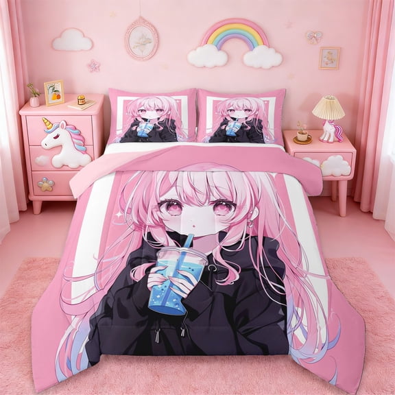 Erosebridal Japanese Anime Girl Queen Comforter Set,Kawaii Japanese Animation Bedding Comforter Set For Adults, Reversible 3 Pieces
