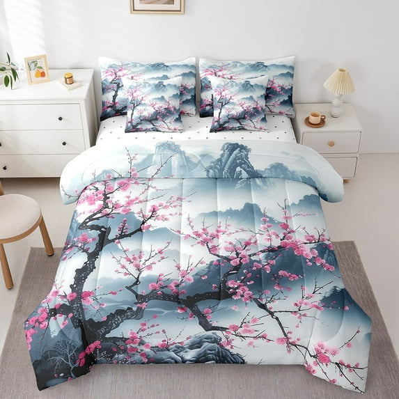 Erosebridal Japanese Blossoms Bedding Twin Size, Pink Flower Bedding Sets Twin Size, Watercolor Ink Reversible Comforter Sets with Sheets, Super Cozy Bedroom Decoration, 7pcs