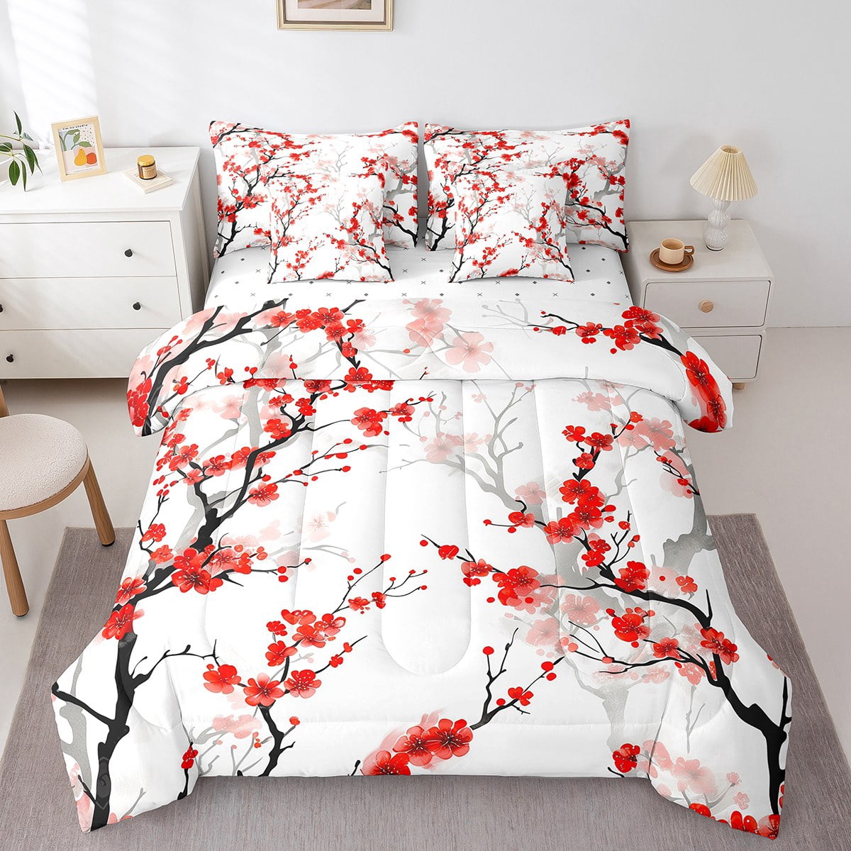 Erosebridal Japanese Flower Bedding Full Size, Red Floral Bedding Sets ...