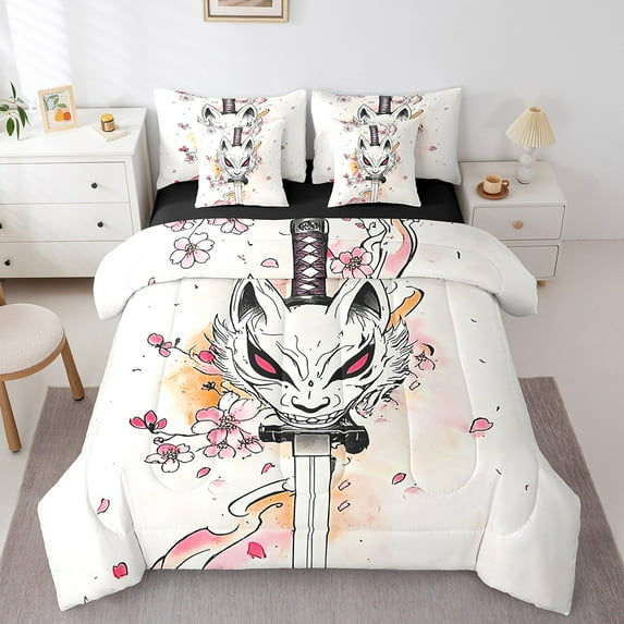 Erosebridal Japanese Fox Bedding Sets Queen Size,Pink Cherry Blossom Comforter Sets with Sheets,Retro Cartoon Animal Bed in a Bag Queen Size,Lightweight Bedroom Decoration Reversible,7-Piece