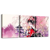 Erosebridal Japanese Geisha Canvas Wall Art for Bedroom 12"x16"x 3Pcs Cherry Blossoms Picture Wall Decor Japanese Tradition Aesthetic Bathroom Wall Art for Home Decor Japanese-Style Wall Painting