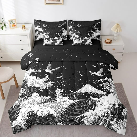 Erosebridal Japanese Ocean Bedding Sets King Size, Sea Wave Comforter Sets with Sheets, White Crane Reversible Bedding King Size, Super Cozy Room Decorative, 7-Piece