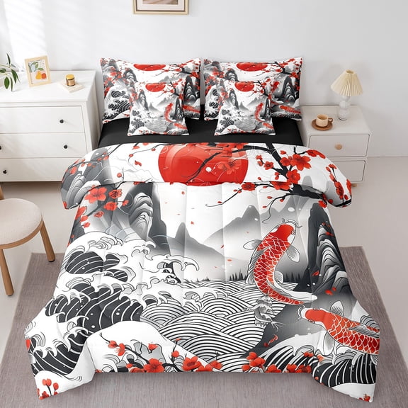 Erosebridal Japanese Ocean Bedding Twin Size, Goldfish Bedding Sets Twin Size, Red Blossoms Flower Decor , Reversible 7pcs