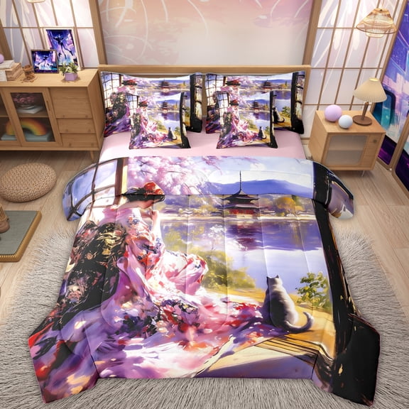 Erosebridal Japanese Princess Kids Twin Bedding Sets, Ancient Geisha Bedding Comforter Set, 7 Pieces