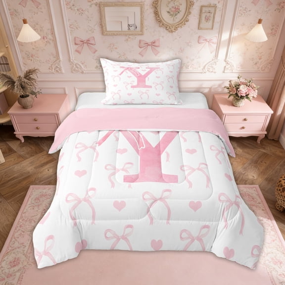 Erosebridal Pink Bowknot Bedding Sets Twin with Comforter, Initial Y Letter Duvet Insert, Cartoon Love Decor, Reversible
