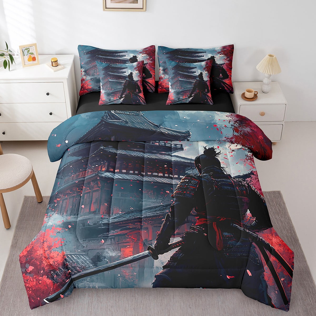 Japanese Comforter Set 7-Piece Ukiyo Style King Bedding Set Geisha Cherry Blossom Bed In A Bag Japan Ink Pattern Fitted Sheet Boys Teens